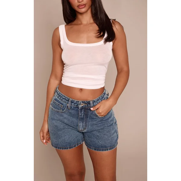Bleu Moyen Délavé Short Mom Taille Haute Petite