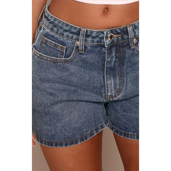 Bleu Moyen Délavé Short Mom Taille Haute Petite