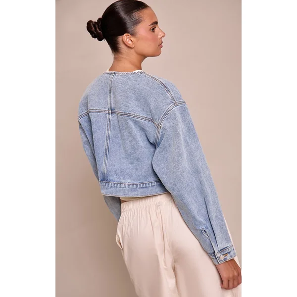 Bleu Moyen Délavé Veste En Jean Courte Sans Col