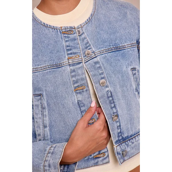 Bleu Moyen Délavé Veste En Jean Courte Sans Col