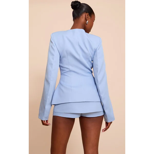 Bleu Poudré Ensemble Blazer Cintré À Taille Froncée Et Manches Cocon Avec Boutonnage