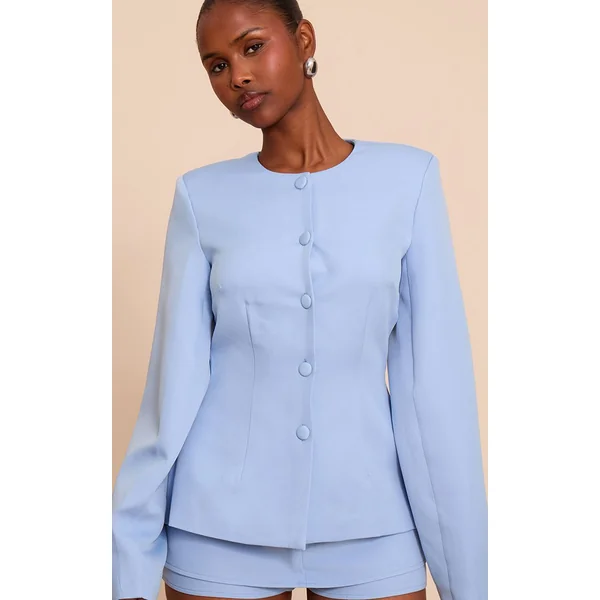 Bleu Poudré Ensemble Blazer Cintré À Taille Froncée Et Manches Cocon Avec Boutonnage