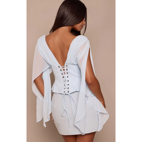 Bleu Poudré Haut Petite En Mousseline À Manches Drapées Et Taille Corset
