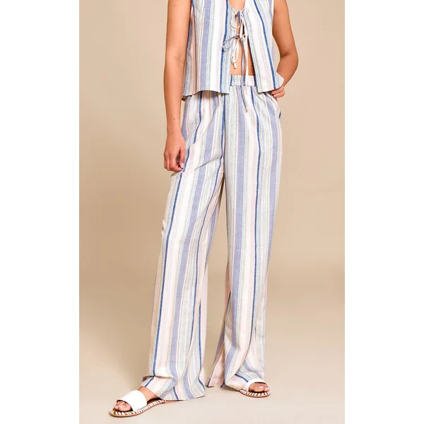 Bleu Pâle Pantalon Large À Rayures Fines Effet Lin