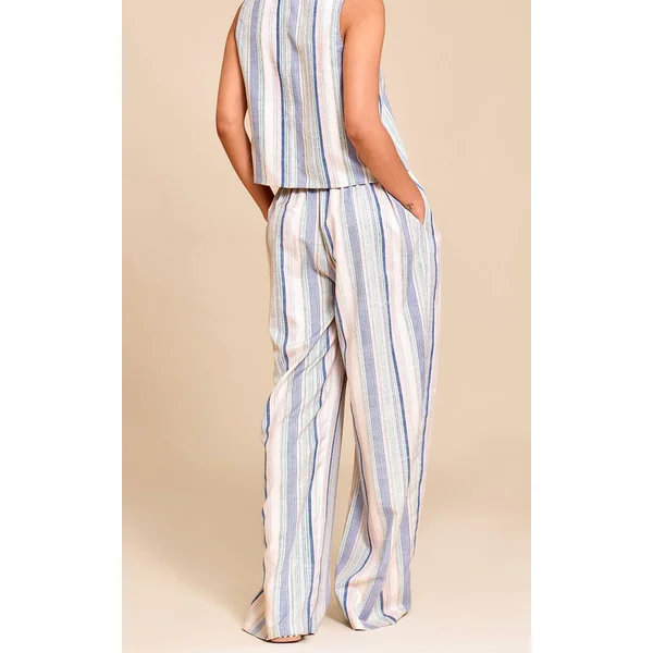 Bleu Pâle Pantalon Large À Rayures Fines Effet Lin