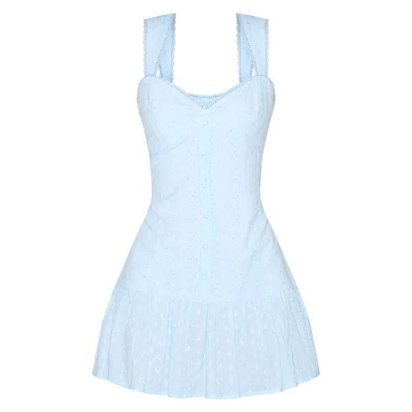 Bleu Pâle Robe Droite Sans Manches Brodée Boutonnée Devant