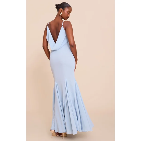 Bleu Pâle Robe Longue En Mousseline À Encolure Dégagée Et Dos Drapé Sans Manches