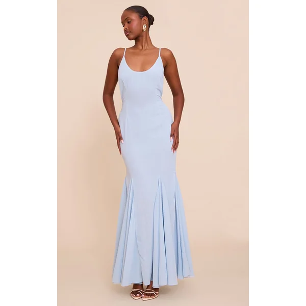 Bleu Pâle Robe Longue En Mousseline À Encolure Dégagée Et Dos Drapé Sans Manches
