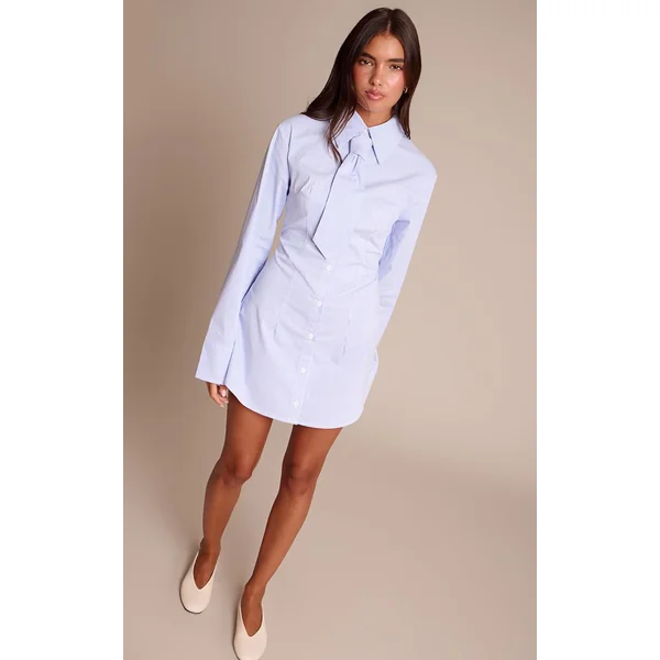 Bleu Robe Chemise Boutonnée À Fines Rayures Avec Détail Cravate