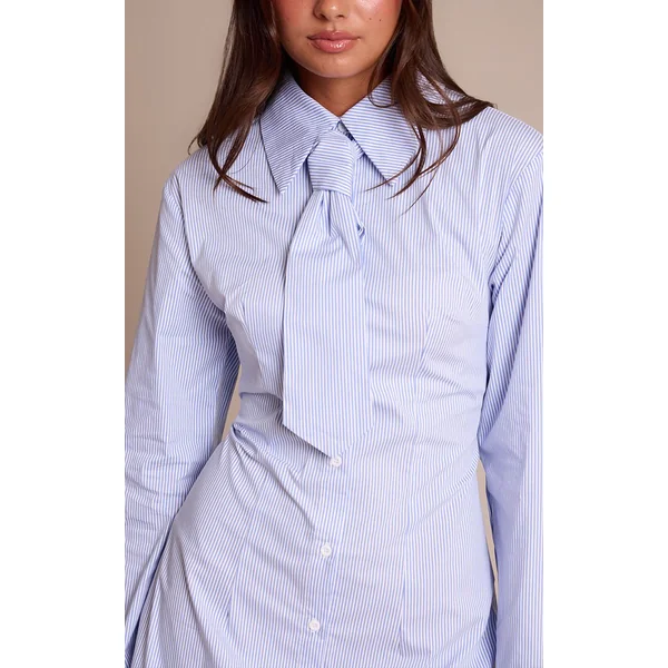 Bleu Robe Chemise Boutonnée À Fines Rayures Avec Détail Cravate