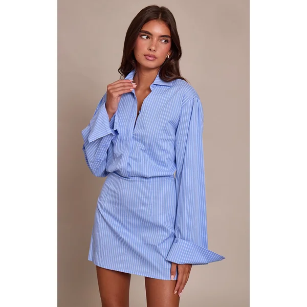 Bleu Robe Chemise Cintrée À Fines Rayures Boutonnée