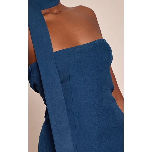 Bleu Robe Droite Bandeau À Détail Foulard Tissé