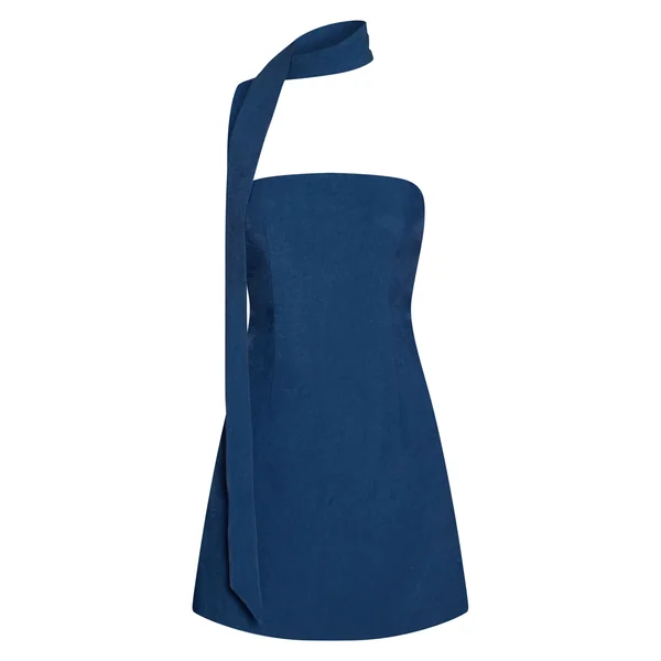 Bleu Robe Droite Bandeau À Détail Foulard Tissé