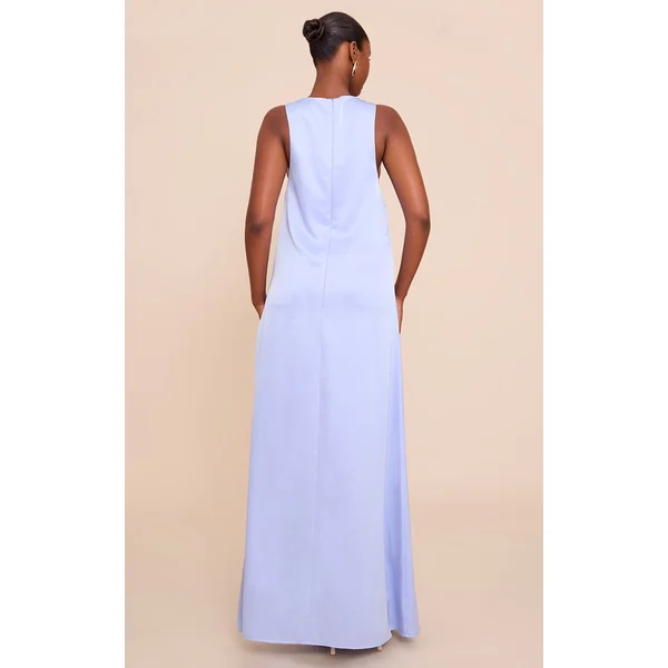 Bleu Robe Longue En Satin Sans Manches À Encolure Bateau