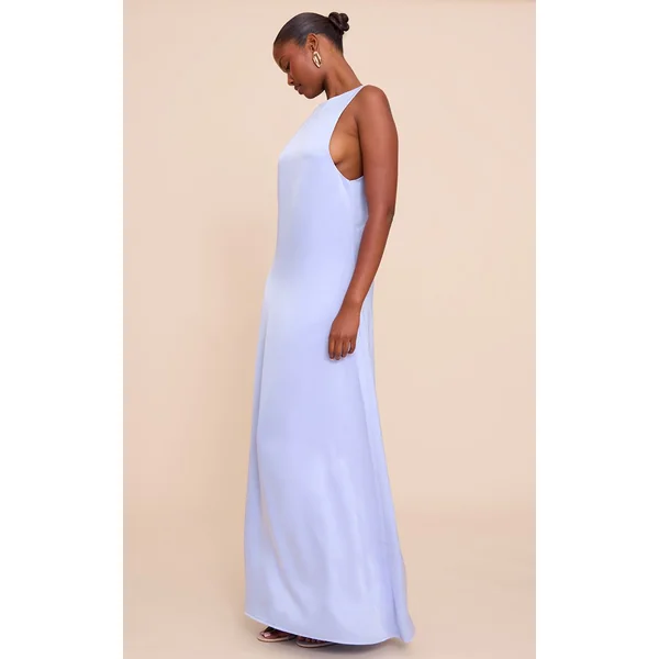 Bleu Robe Longue En Satin Sans Manches À Encolure Bateau