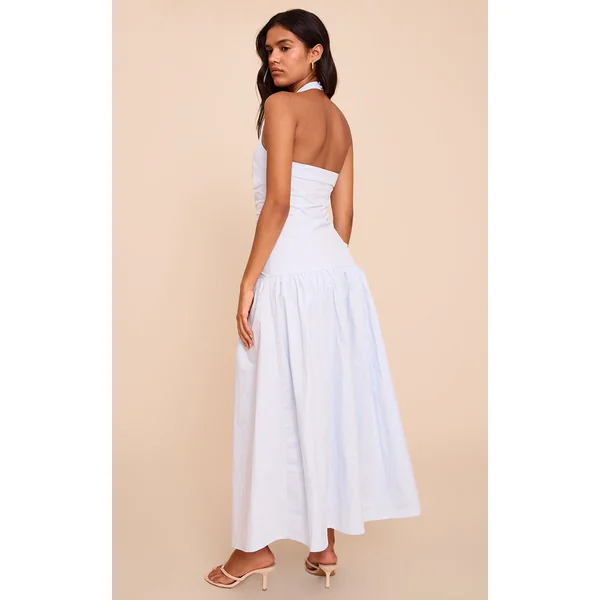 Bleu Robe Longue Tissée À Détails Froncés