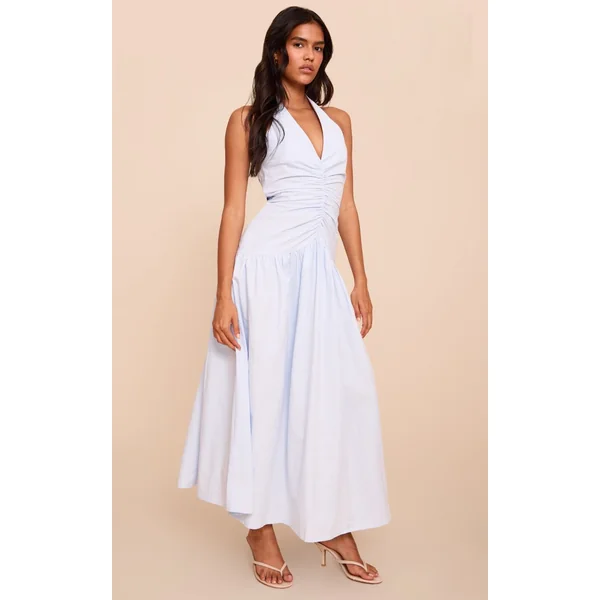 Bleu Robe Longue Tissée À Détails Froncés