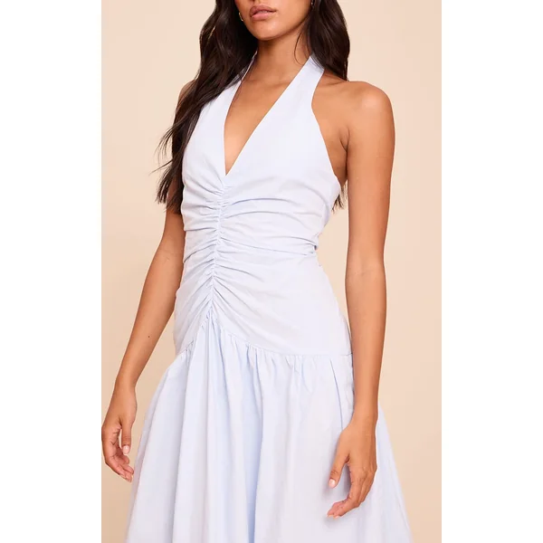 Bleu Robe Longue Tissée À Détails Froncés