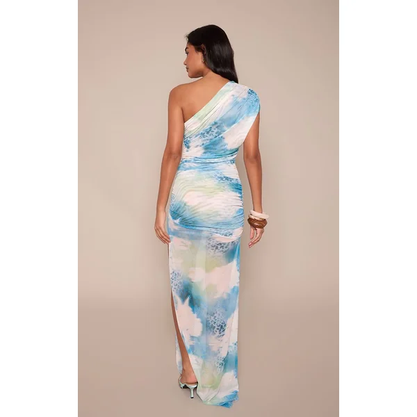 Bleu Robe Longue À Maille Fleurie Froncée Asymétrique Avec Fente Haute