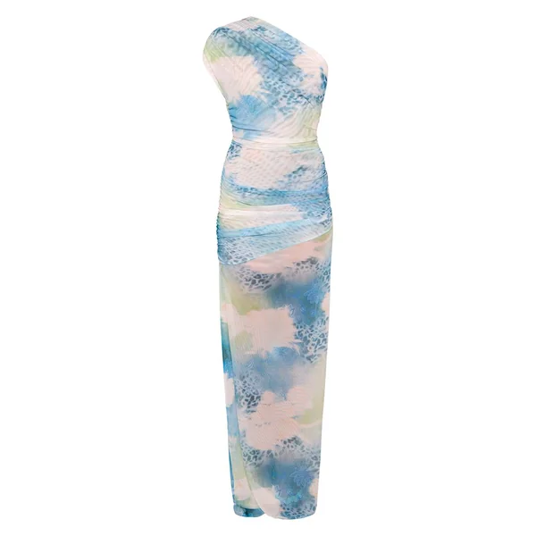 Bleu Robe Longue À Maille Fleurie Froncée Asymétrique Avec Fente Haute