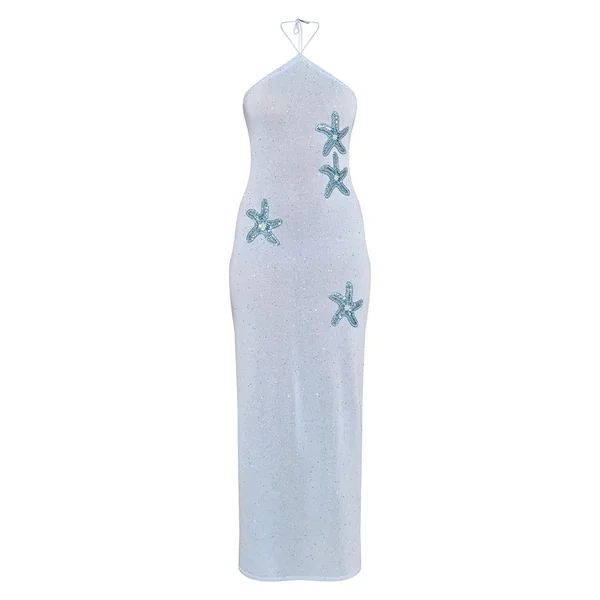 Bleu Robe Maxi Moulante En Maille À Sequins Avec Motif Brodé