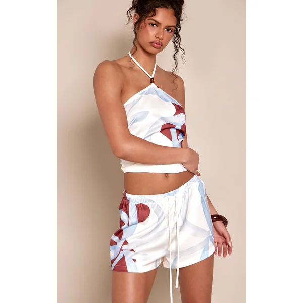 Bleu Short Satiné À Imprimé Floral Multi-placement Coordonné