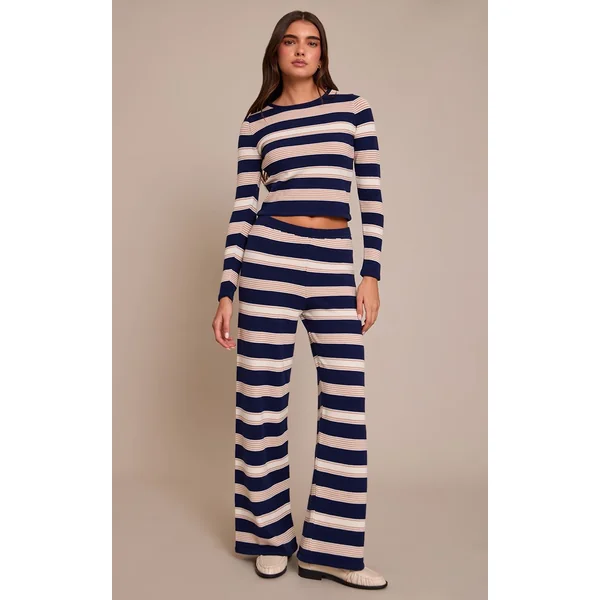 Bleu T-shirt En Maille À Rayures Et Manches Longues