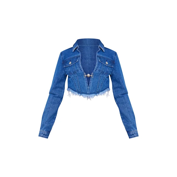 Bleu Veste Courte Ajustée En Denim Délavé À Col Ouvert Petite Taille