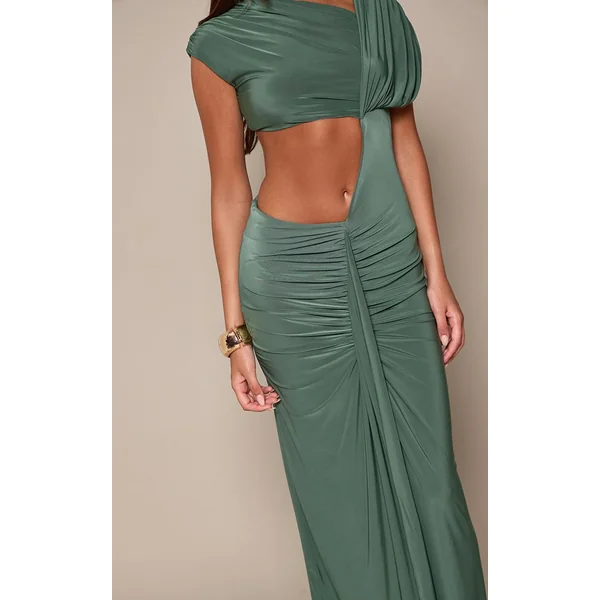 Bleu-vert Robe Longue Drapée À Double Épaisseur En Jersey Slinky Avec Découpe Asymétrique