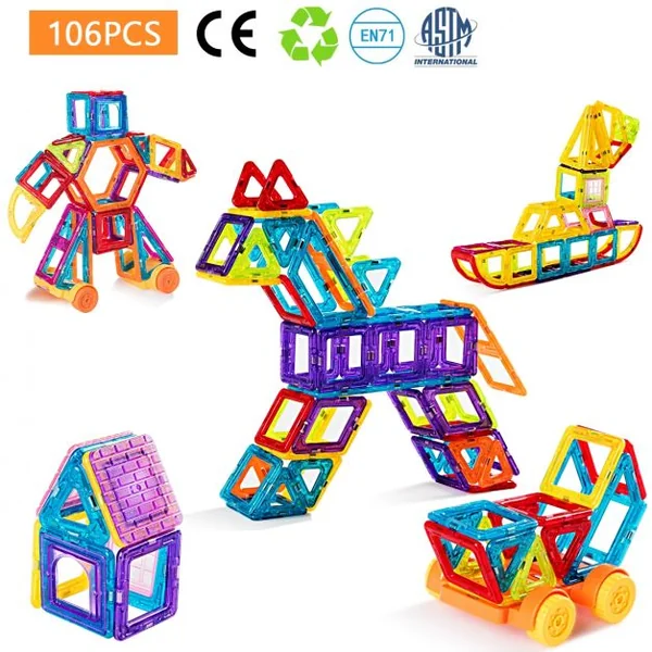 Blocs de Construction Magnétiques 106 Pièces pour Enfants Mini Jeux Construction Aimanté Éducatifs en ABS Multicolore