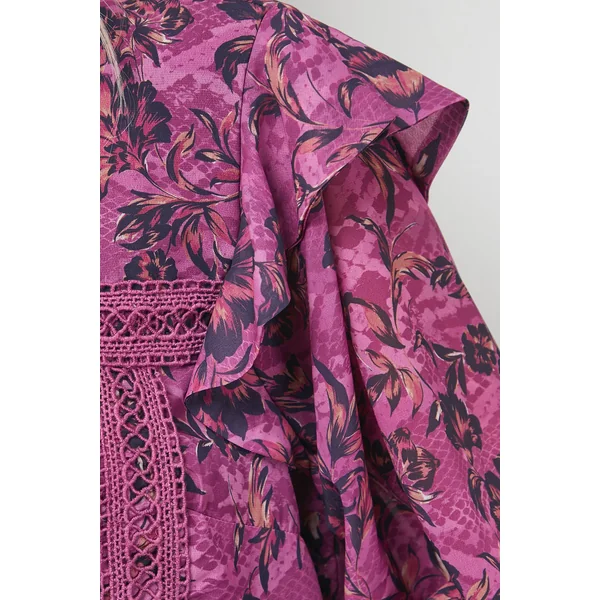 Blouse Bohème à Détails Plissés et Finitions Dentelle Imprimée