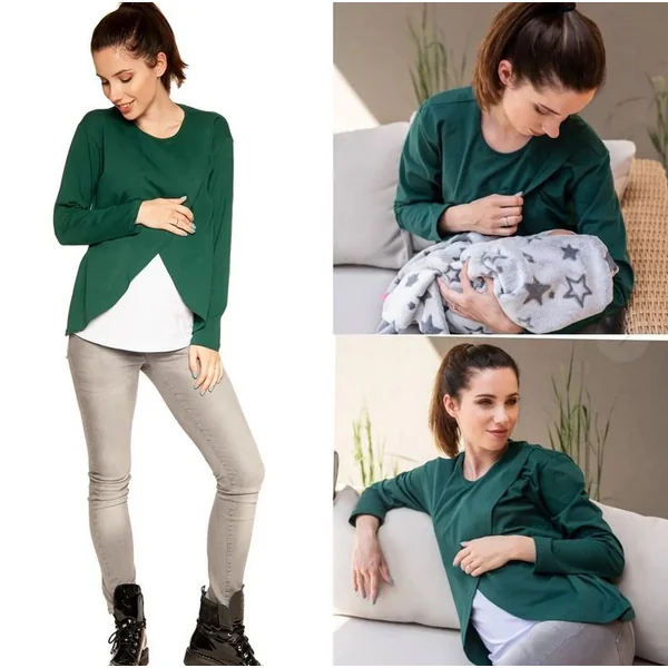 Blouse de grossesse et d'allaitement en coton okeo-tex - Vert/Rose - Reste 1S