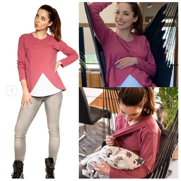 Blouse de grossesse et d'allaitement en coton okeo-tex - Vert/Rose - Reste 1S