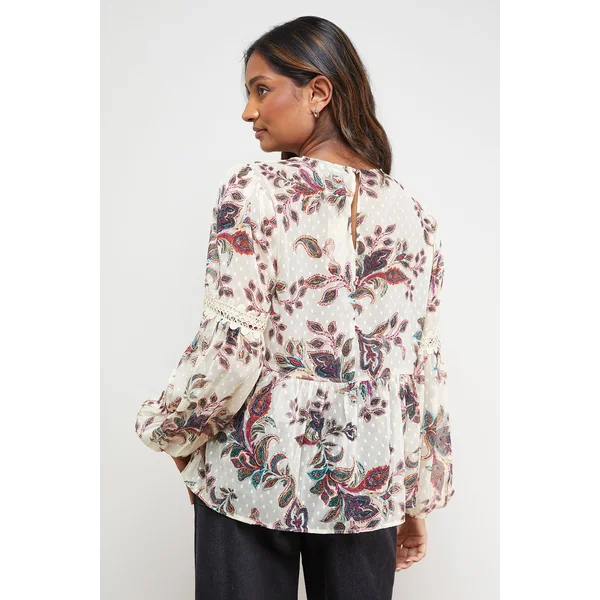 Blouse en Mousseline Dobby Imprimée avec Détails en Dentelle