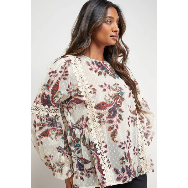 Blouse en Mousseline Dobby Imprimée avec Détails en Dentelle