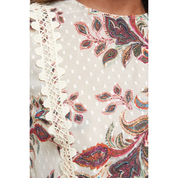 Blouse en Mousseline Dobby Imprimée avec Détails en Dentelle