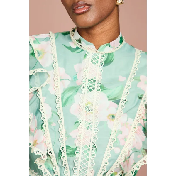 Blouse en Organza à Manches Longues avec Volants Imprimée