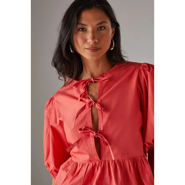 Blouse en Popeline à Manches Volumineuses et Nœud Devant