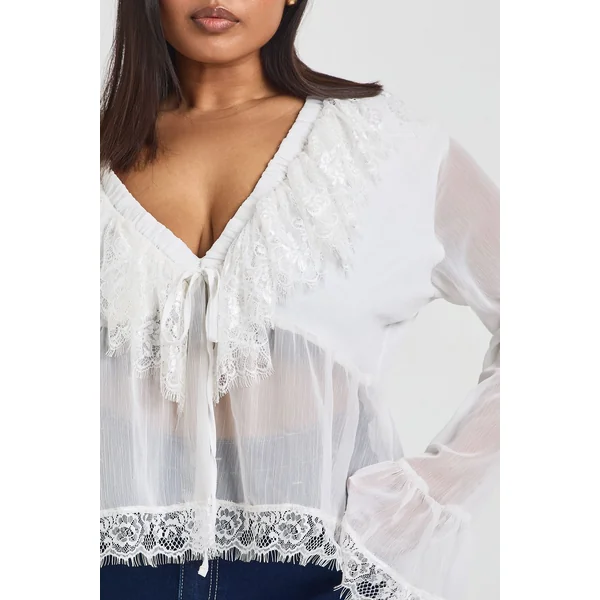 Blouse Grande Taille En Mousseline À Volants Et Bordure En Dentelle