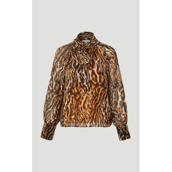 Blouse Tissée à Imprimé Animal en Georgette avec Nœud au Col