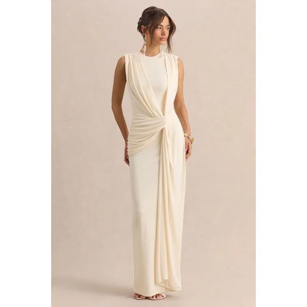 Blythia | Robe longue crème à encolure ronde avec détails froncés