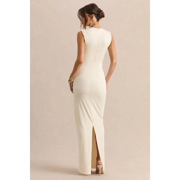 Blythia | Robe longue crème à encolure ronde avec détails froncés