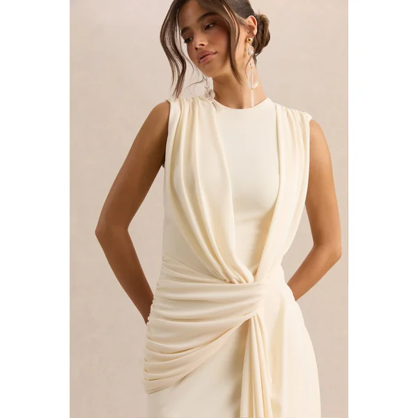 Blythia | Robe longue crème à encolure ronde avec détails froncés