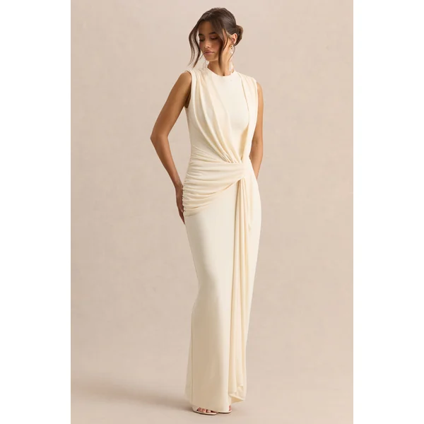 Blythia | Robe longue crème à encolure ronde avec détails froncés