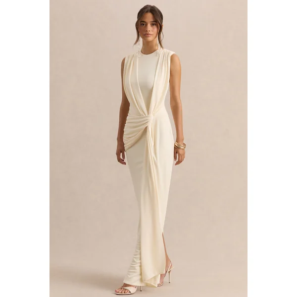 Blythia | Robe longue crème à encolure ronde avec détails froncés