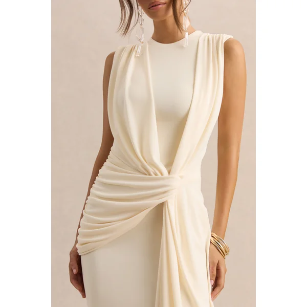 Blythia | Robe longue crème à encolure ronde avec détails froncés