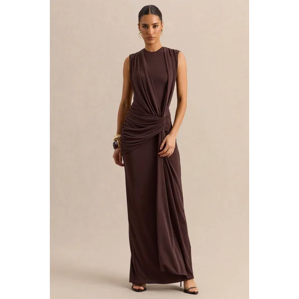 Blythia | Robe longue marron à encolure ronde avec détails froncés