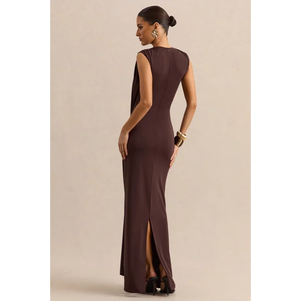 Blythia | Robe longue marron à encolure ronde avec détails froncés