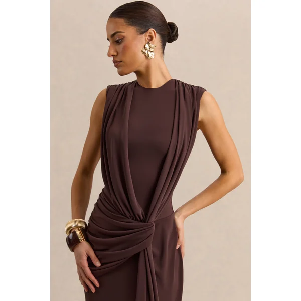 Blythia | Robe longue marron à encolure ronde avec détails froncés