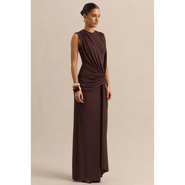 Blythia | Robe longue marron à encolure ronde avec détails froncés
